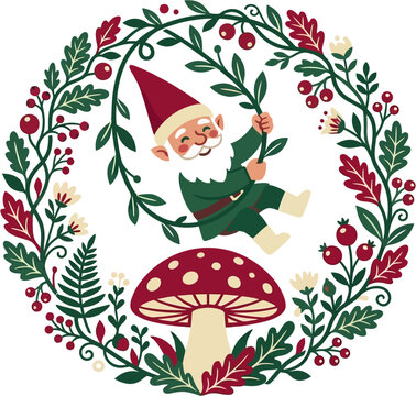 Cheerful Scandinavian tomte gnome swinging on a vine inside a festive botanical berry wreath above a red mushroom illustration