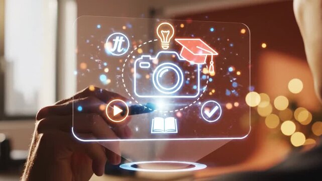 eLearning platform with online assessment. Digital e-learning interface with glowing graphic icons that represent an online photography course and virtual education