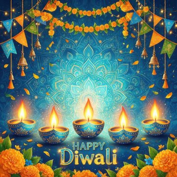 Vibrant Diwali celebration with glowing diyas and intricate mandala patterns on dark blue
