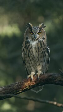 Owl perched in woodland Owl slowly turning head, wildlife animal scene