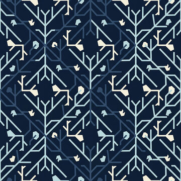 Abstract geometric seamless pattern JPG vector illustration featuring winter branches and snowflake shapes on a dark blue background.
