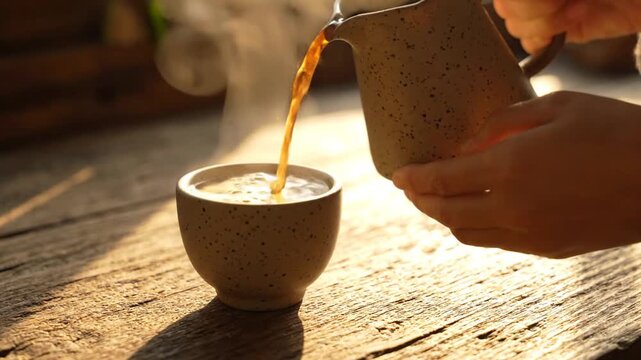 Hands pouring hot steaming tea from a ceramic pitcher into a cup on a rustic wooden table in warm sunlight