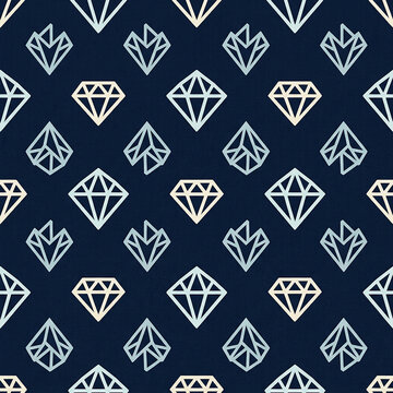 Geometric diamond seamless pattern JPG vector illustration featuring line art crystal shapes and abstract gemstones on a dark blue background.