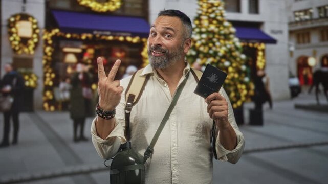 Man pointing finger while holding passport on a decorated street with christmas tree and lights; holiday travel joy.
