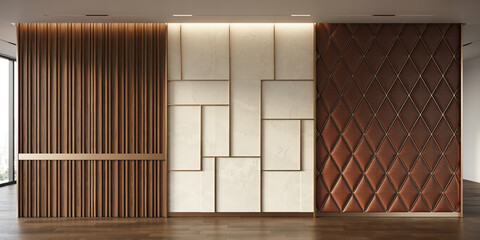 Obraz premium Interior wall featuring vertical wood slats, geometric white panels, and brown quilted