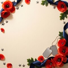 Obraz premium Memorial Day background with red poppies and dog tags on neutral beige