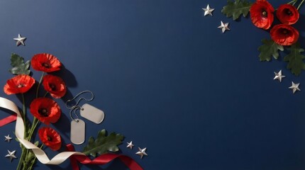 Obraz premium Memorial Day background with red poppies and military dog tags on blue