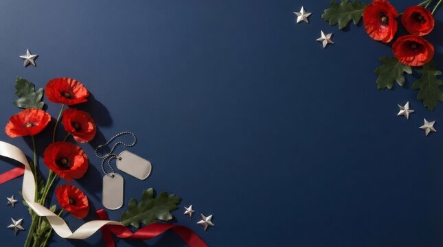 Memorial Day background with red poppies and military dog tags on blue