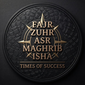 Islamic prayer times medallion JPG vector illustration featuring five daily prayers typography on a dark embossed coin background.