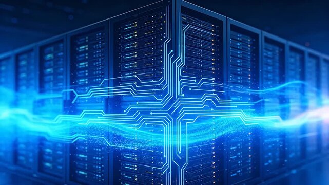 Data center scene with server racks and glowing red blue yellow circuit lines