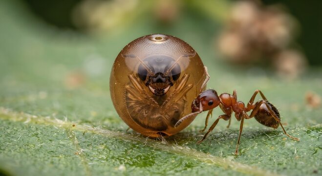 Extreme macro photograph capturing a translucent shield bug egg parasitized by a wasp, revealing detailed developing anatomical structures inside under microscopic scientific lighting.