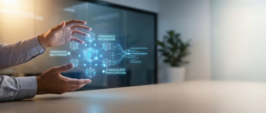 Businessman holding digital blockchain network interface with consensus mechanism and stakeholder participation icons