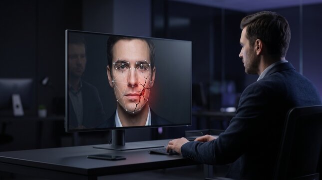 Man sitting at office desk and working on computer screen with facial recognition interface
