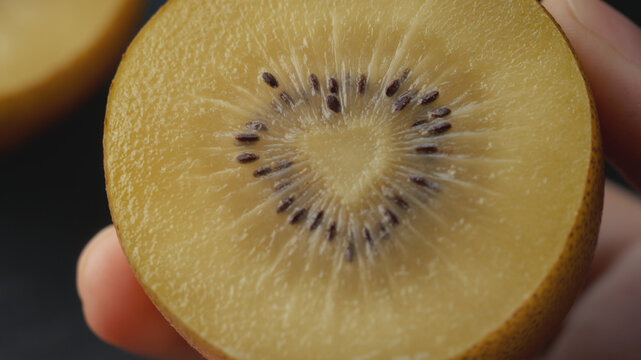 Close-up shot of a female hand holding a half of a ripe golden kiwi showing a heart-shaped core, rich juicy pulp texture, seeds under artistic lighting for healthy eating, gourmet food, culinary conte