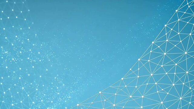 Abstract polygonal network structure with white lines and dots on blue white gradient background