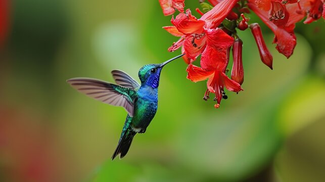 A vibrant blue-green hummingbird hovering beside bright red tropical flowers in a lush garden
