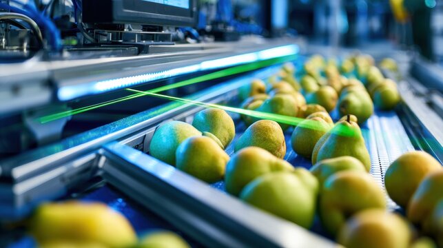 Automated optical sorting machine scans Williams pears on conveyor belt in high-tech orchard using laser sensors and NIR spectroscopy.