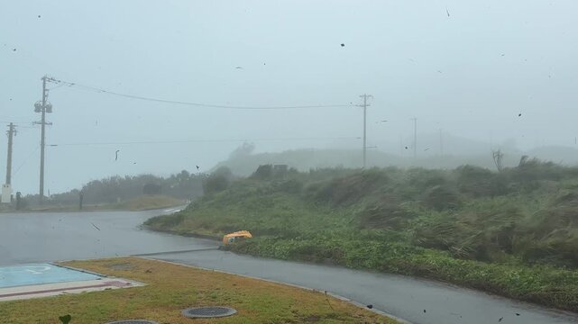 Debris Flies Through Air As Powerful Hurricane Eyewall Wind Lashes Coastal Location