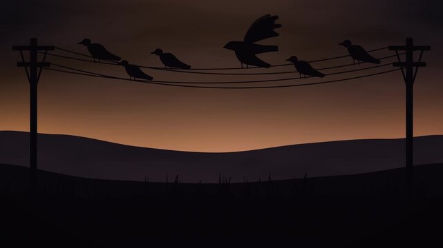 Crows on Power Lines at Dusk Halloween Background