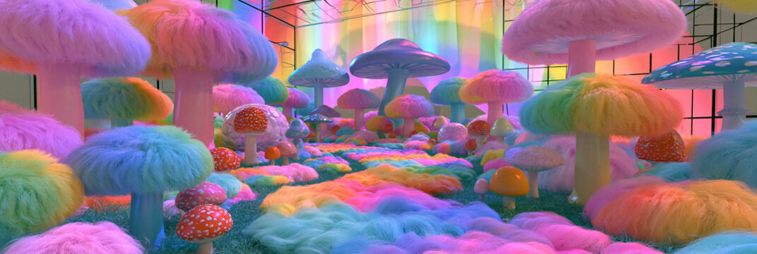 Fantasievolle bunte Pilzlandschaft aus Wolle und Filz, verspielter Stil, ideal f&uuml;r Kinderbuch-Illustrationen und Fantasy-Werbung.