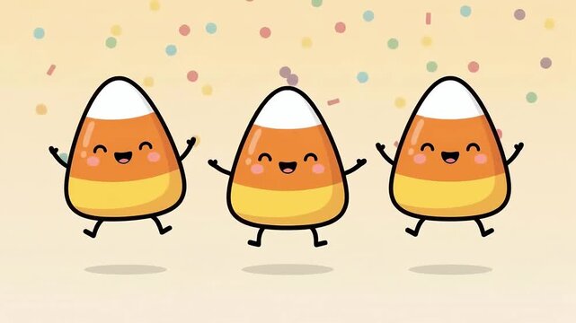 Three Cute Candy Corn Characters Jumping with Confetti Animation