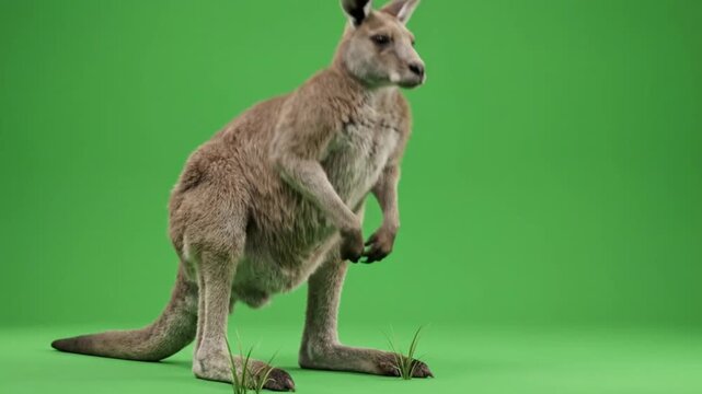 Young kangaroo standing on green screen with natural studio lighting for commercial use