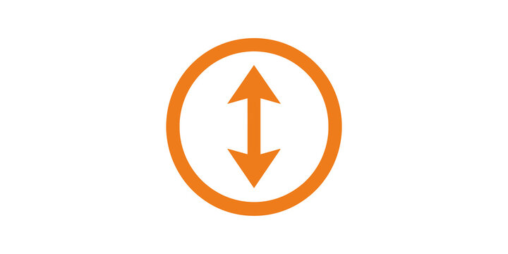 Orange round scroll up and down direction arrow inside circle symbol.