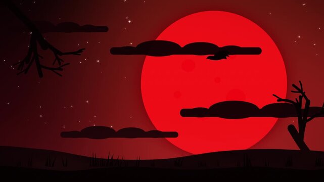 Blood Red Moon Halloween Background with Crows and Branches
