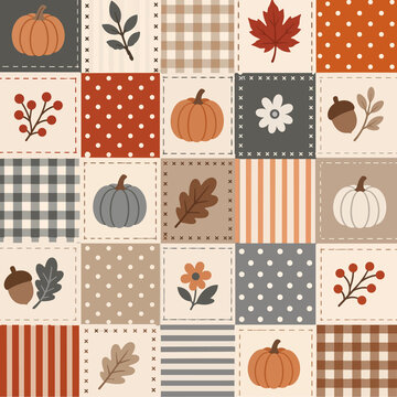 Autumn Patchwork Pattern with Pumpkins Leaves Acorns and Plaid Designs nya 