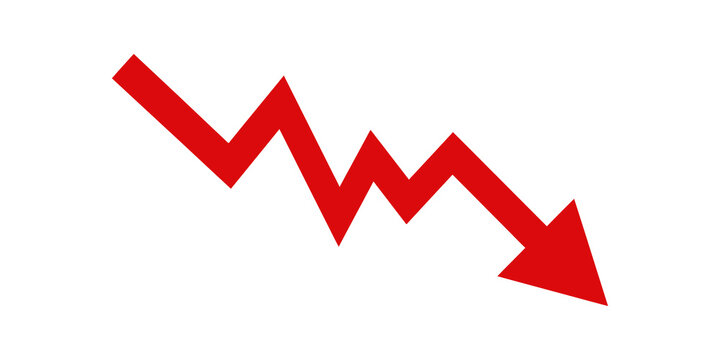Red falling business trend arrow icon isolated on transparent background.