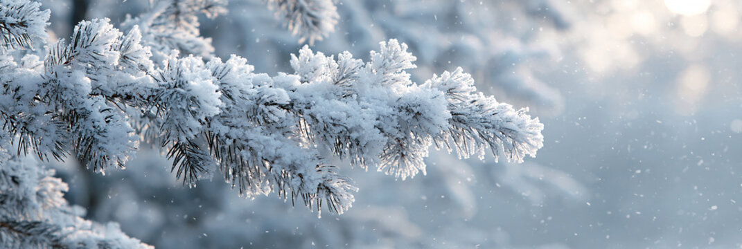 Verschneiter Tannenzweig mit Raureif vor unscharfem hellblauem Hintergrund, Blau-, Wei&szlig;- und Gr&uuml;nt&ouml;ne, realistischer Stil, f&uuml;r Weihnachtskarte, Website-Header oder Winterwerbung.