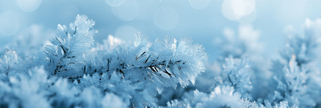 Verschneiter Tannenzweig mit Raureif vor unscharfem hellblauem Hintergrund, Blau-, Wei&szlig;- und Gr&uuml;nt&ouml;ne, realistischer Stil, f&uuml;r Weihnachtskarte, Website-Header oder Winterwerbung.