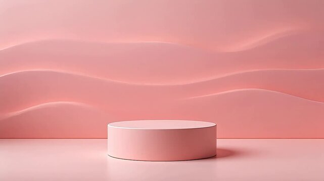 Pink cylindrical display pedestal in front of wavy pink wall in modern minimal scene
