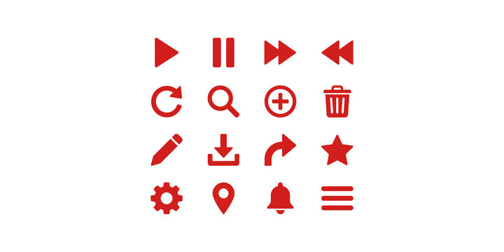 Red multimedia and interface symbols collection for web applications.