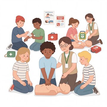 Group of Students Learning First Aid and CPR Skills in Classroom Illustration