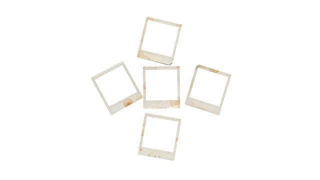 Five blank vintage polaroid frames isolated on transparent background