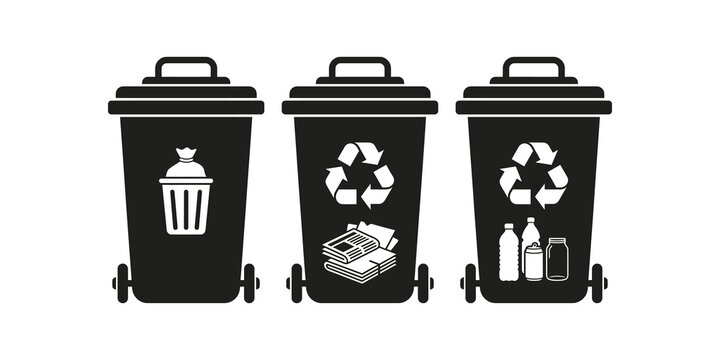 Three black trash bins with waste icons for recycling and sorting needs.