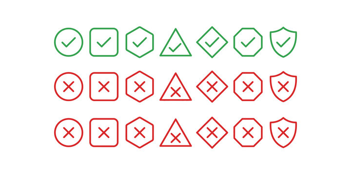 Set of green checkmarks and red cross signs for decision and quiz forms.