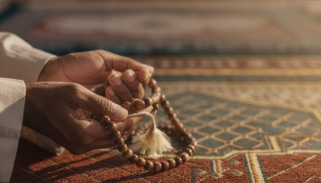Close-up of a Muslim man's hands holding traditional prayer beads while kneeling on a patterned prayer rug, symbolizing deep faith and spiritual devotion.
