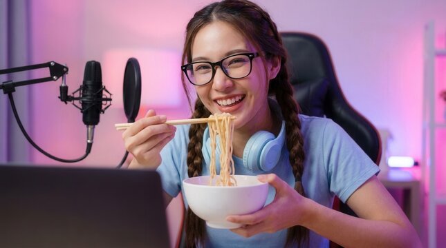 Smiling female gamer enjoys a bowl of ramen noodles during a live stream snack break.