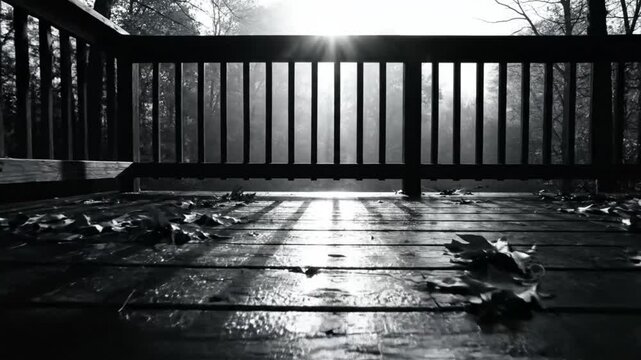 Black and white shot of a wooden deck with wet leaves, light shining through the railing, and trees in the background