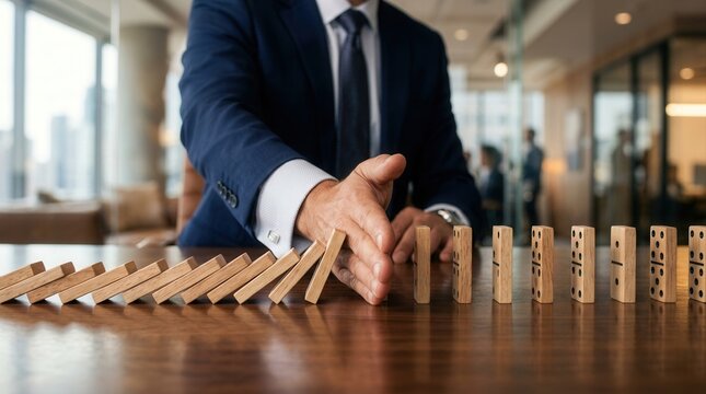 Strategic business intervention concept showing a hand stopping a continuous domino effect.