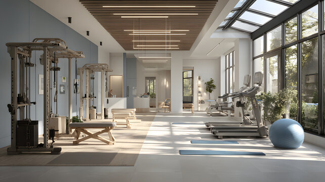 Luxury rehabilitation center gym with natural light exercise equipment treadmills resistance machines therapy benches pilates ball yoga mats large windows hardwood accents serene atmosphere