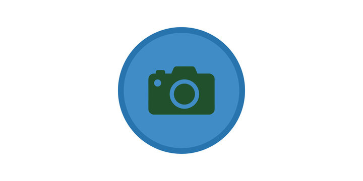 Blue circular button containing green photo camera flat icon design.