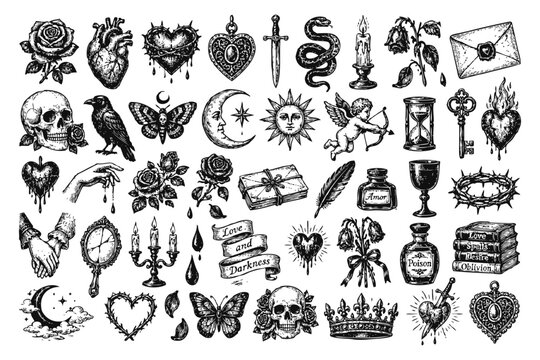 Dark romance vintage icon set. Hand drawn gothic symbols of love, roses, hearts, skulls and mystery.