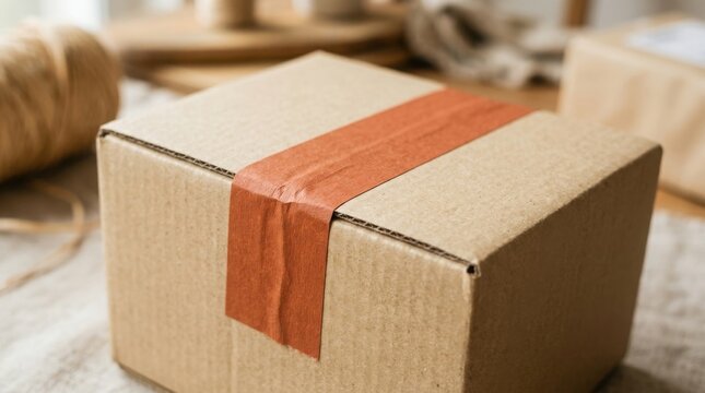 Cardboard shipping box sealed with brown tape on a rustic wooden surface