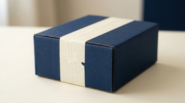 Blue cardboard shipping box sealed with adhesive tape on a neutral surface