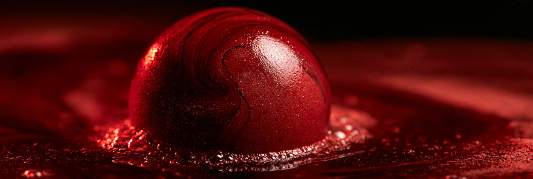 Gl&auml;nzende rote Glaskugel auf dunkelroter, feuchter Oberfl&auml;che mit Wassertropfen, minimalistisch und realistisch, f&uuml;r Produktpr&auml;sentationen, Werbeanzeigen und Webseiten-Kopfbereiche.