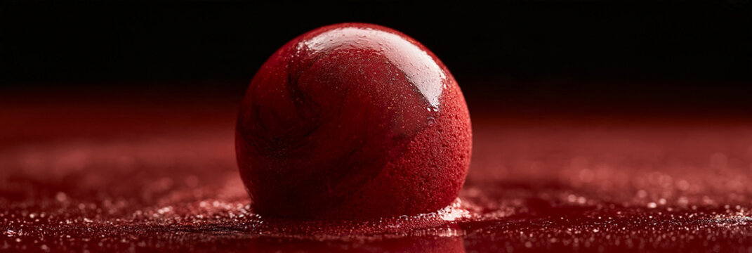 Gl&auml;nzende rote Glaskugel auf dunkelroter, feuchter Oberfl&auml;che mit Wassertropfen, minimalistisch und realistisch, f&uuml;r Produktpr&auml;sentationen, Werbeanzeigen und Webseiten-Kopfbereiche.