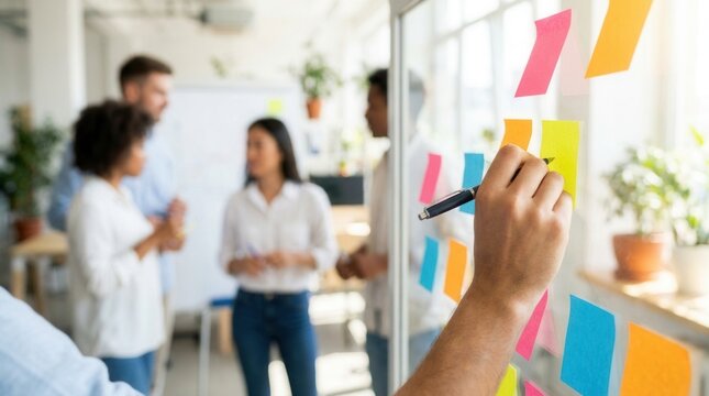 A creative business team uses colorful sticky notes on a transparent glass wall to develop a growth strategy.